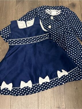 Bonnie Baby Navy and White Polka Dot Dress with Bow Trim and Matching Coat